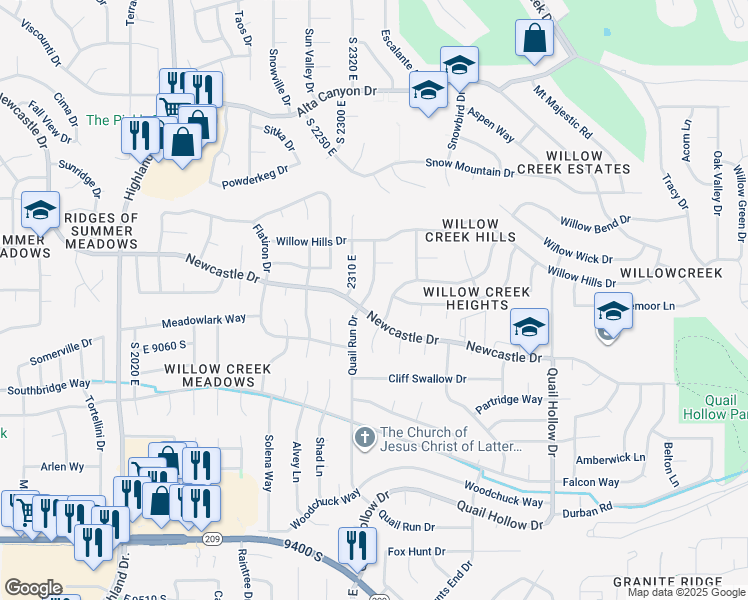 map of restaurants, bars, coffee shops, grocery stores, and more near 8965 Quail Run Drive in Sandy