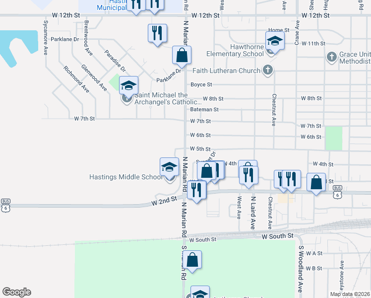 map of restaurants, bars, coffee shops, grocery stores, and more near 2798 W 5th St in Hastings