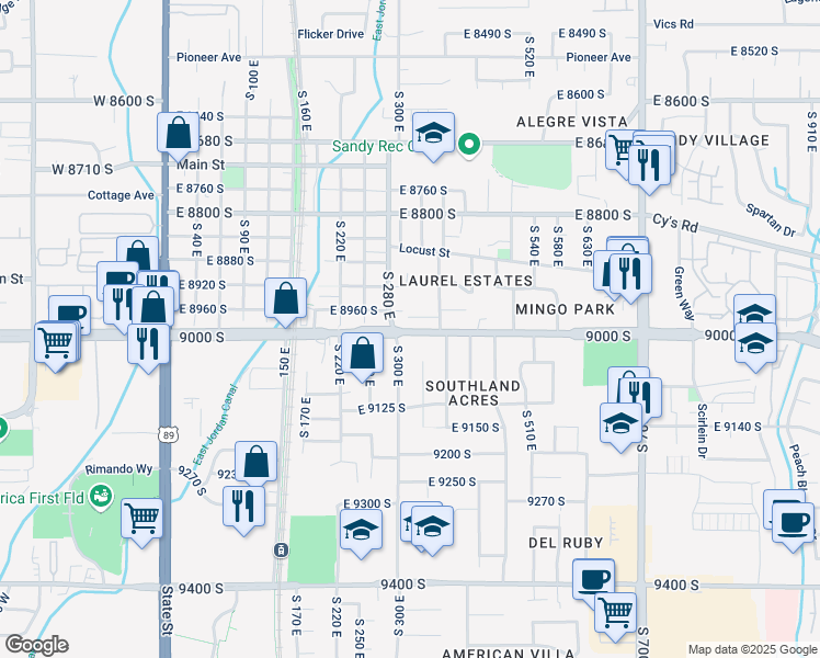 map of restaurants, bars, coffee shops, grocery stores, and more near 341 East 9000 South in Sandy