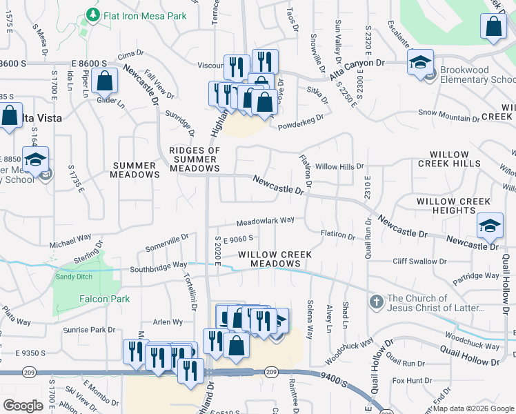 map of restaurants, bars, coffee shops, grocery stores, and more near 8947 Buckingham Court in Sandy
