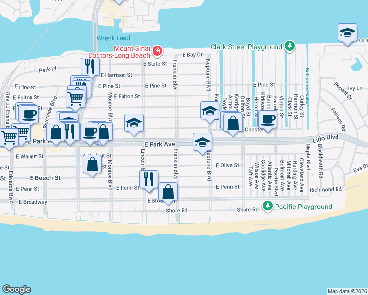map of restaurants, bars, coffee shops, grocery stores, and more near 530 East Park Avenue in Long Beach