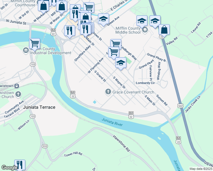 map of restaurants, bars, coffee shops, grocery stores, and more near 606 South Grand Street in Lewistown