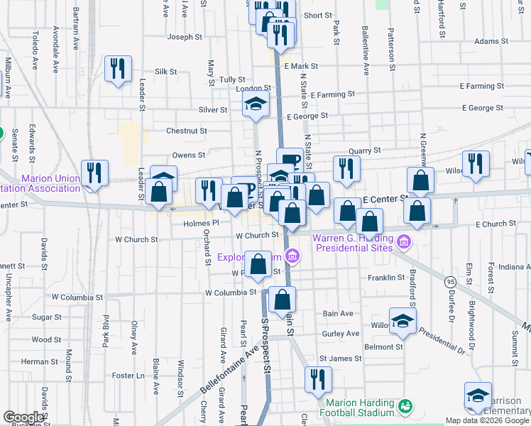 map of restaurants, bars, coffee shops, grocery stores, and more near 143 West Center Street in Marion