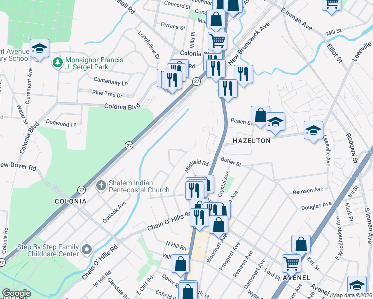 map of restaurants, bars, coffee shops, grocery stores, and more near 265 McFarlane Road in Woodbridge Township