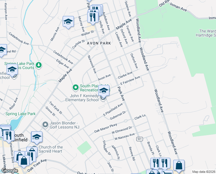 map of restaurants, bars, coffee shops, grocery stores, and more near 124 West Fairview Avenue in South Plainfield