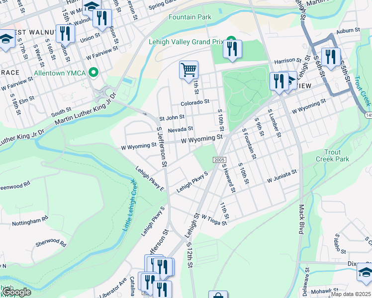 map of restaurants, bars, coffee shops, grocery stores, and more near 1126 West Wyoming Street in Allentown