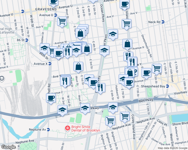 map of restaurants, bars, coffee shops, grocery stores, and more near 2514 Ocean Parkway in Brooklyn