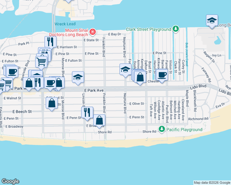 map of restaurants, bars, coffee shops, grocery stores, and more near 530 East Park Avenue in Long Beach