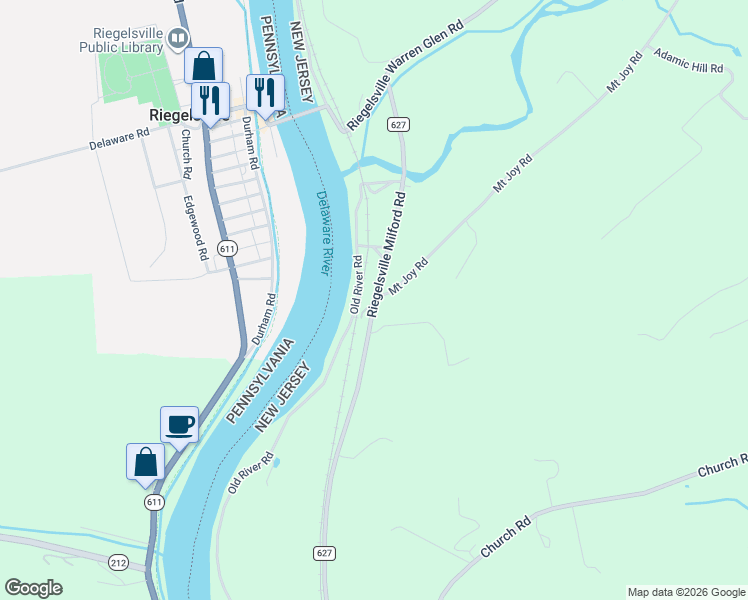map of restaurants, bars, coffee shops, grocery stores, and more near 687 Riegelsville Milford Road in Milford