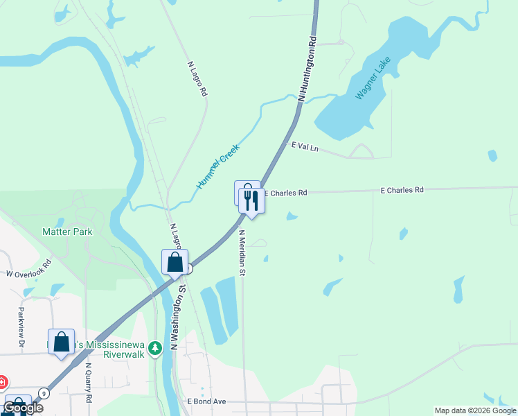 map of restaurants, bars, coffee shops, grocery stores, and more near 2224 N Huntington Rd in Marion