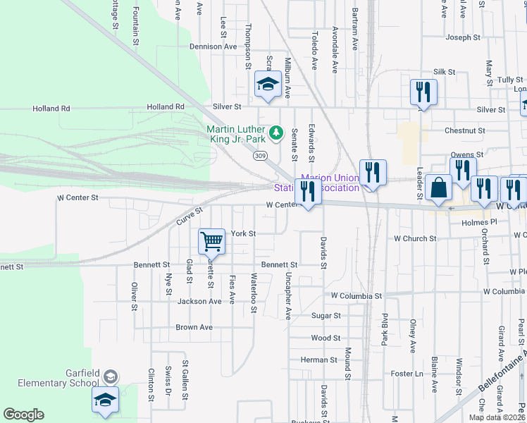 map of restaurants, bars, coffee shops, grocery stores, and more near 767 West Center Street in Marion