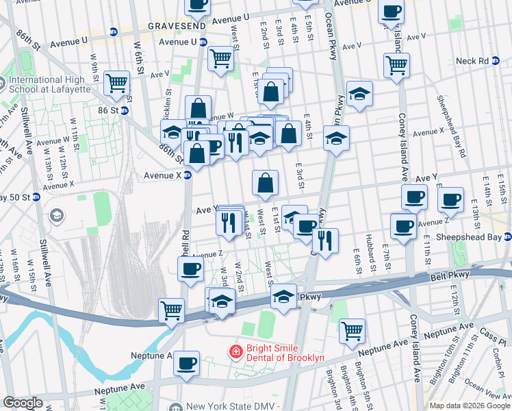 map of restaurants, bars, coffee shops, grocery stores, and more near 447 Avenue Y in Brooklyn