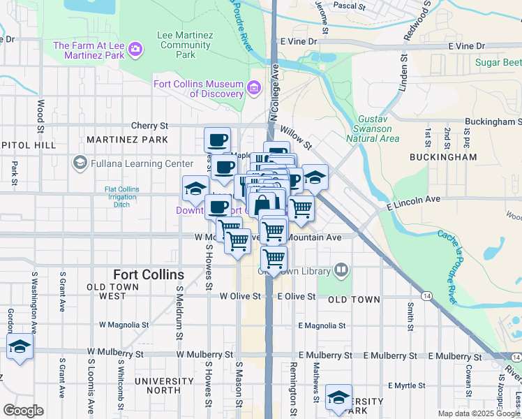map of restaurants, bars, coffee shops, grocery stores, and more near 155 North College Avenue in Fort Collins