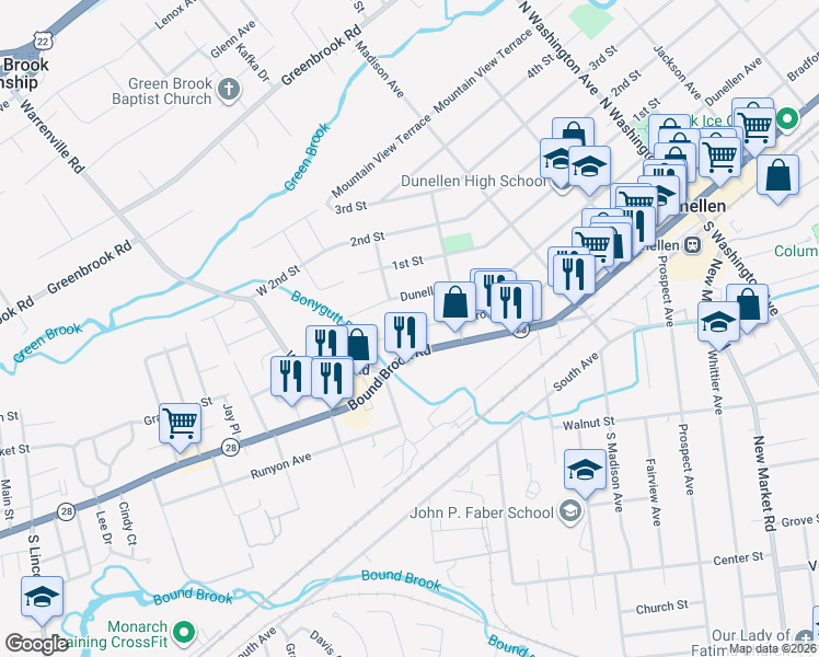 map of restaurants, bars, coffee shops, grocery stores, and more near 808 Front Street in Dunellen