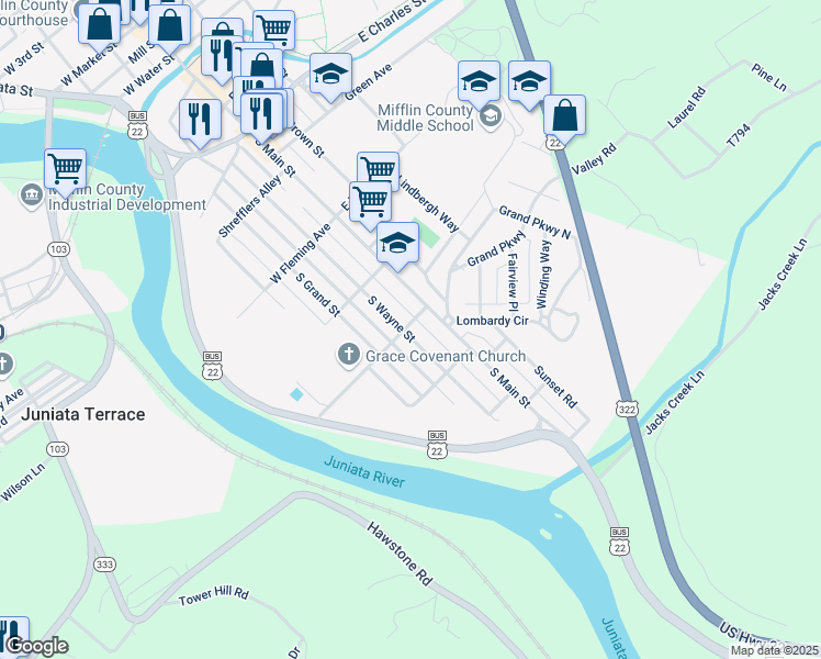 map of restaurants, bars, coffee shops, grocery stores, and more near 701 South Wayne Street in Lewistown