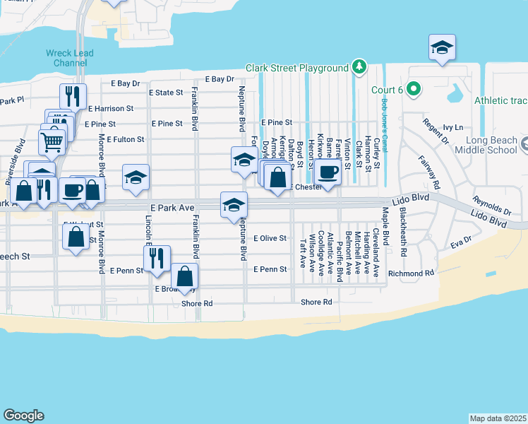 map of restaurants, bars, coffee shops, grocery stores, and more near 630 East Park Avenue in Long Beach
