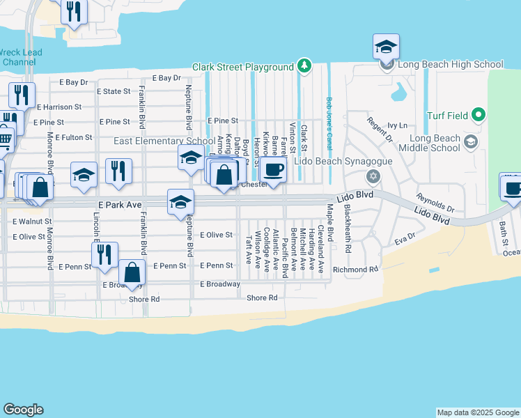 map of restaurants, bars, coffee shops, grocery stores, and more near 732 East Park Avenue in Long Beach
