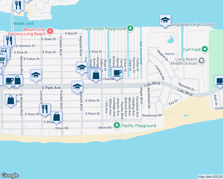 map of restaurants, bars, coffee shops, grocery stores, and more near 732 East Park Avenue in Long Beach
