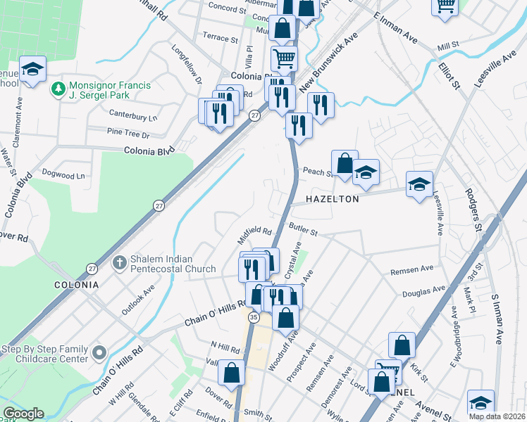 map of restaurants, bars, coffee shops, grocery stores, and more near 3 Ronald Drive in Woodbridge Township