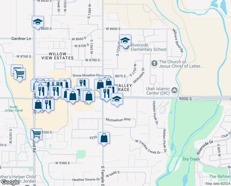map of restaurants, bars, coffee shops, grocery stores, and more near 8973 1240 West in West Jordan