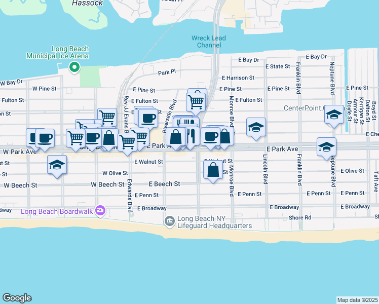 map of restaurants, bars, coffee shops, grocery stores, and more near 164 East Park Avenue in Long Beach