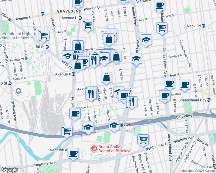 map of restaurants, bars, coffee shops, grocery stores, and more near 454 Avenue Y in Brooklyn