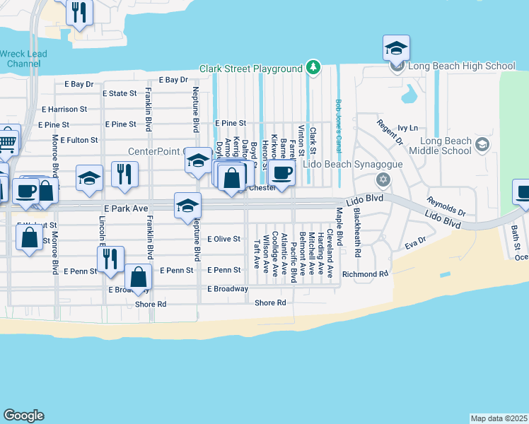 map of restaurants, bars, coffee shops, grocery stores, and more near 732 East Park Avenue in Long Beach