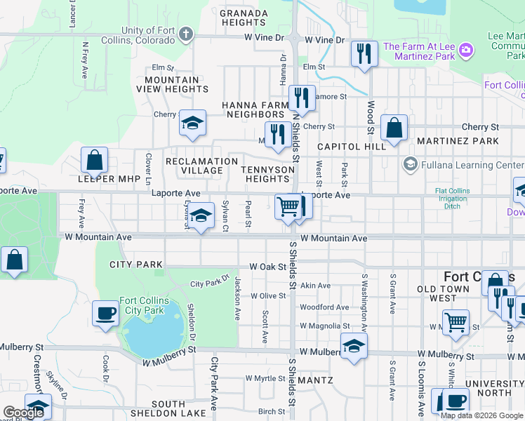 map of restaurants, bars, coffee shops, grocery stores, and more near 112 Jamith Place in Fort Collins