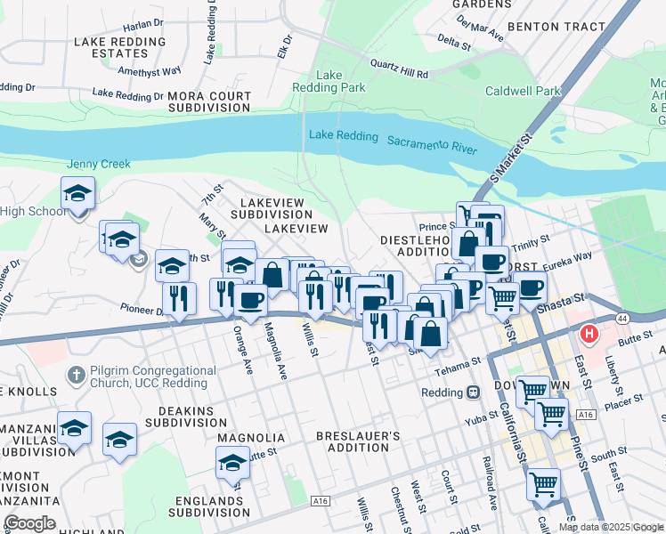 map of restaurants, bars, coffee shops, grocery stores, and more near 1030 North Court Street in Redding