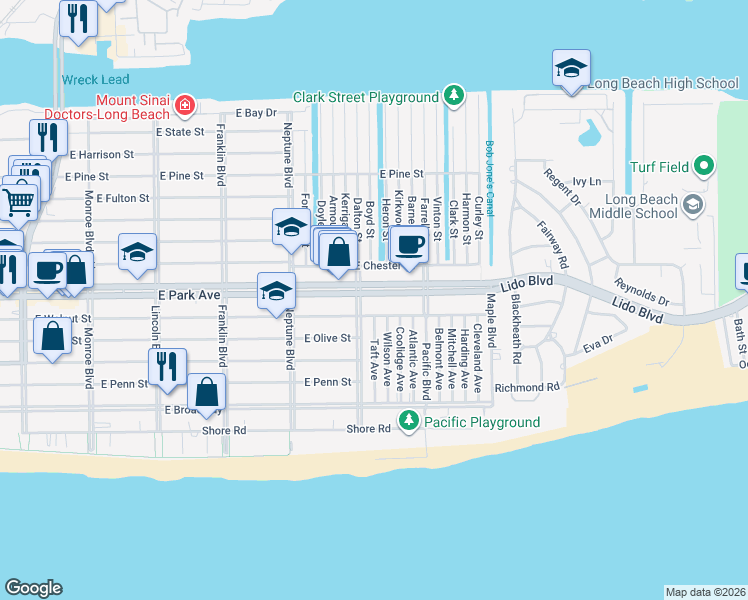 map of restaurants, bars, coffee shops, grocery stores, and more near 732 East Park Avenue in Long Beach