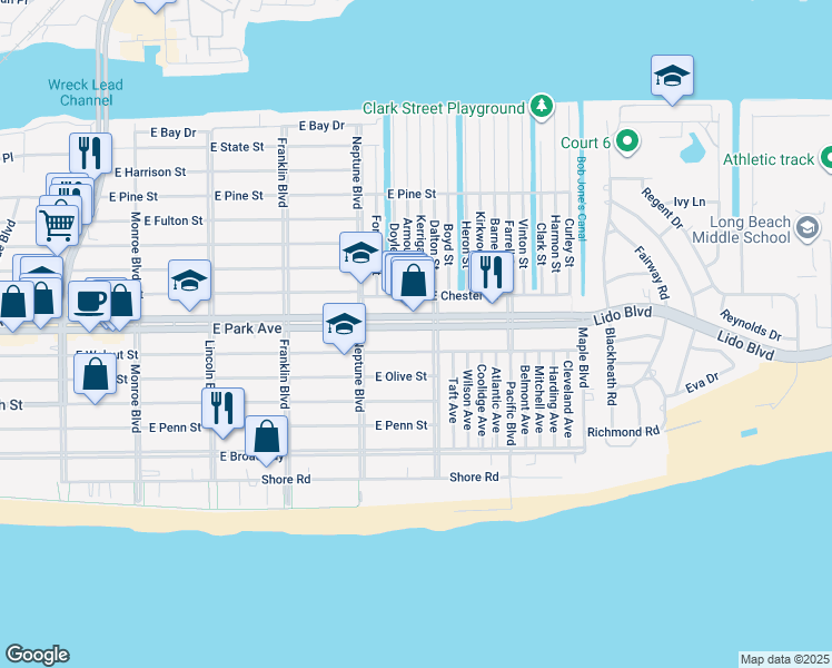 map of restaurants, bars, coffee shops, grocery stores, and more near 395 Roosevelt Boulevard in Long Beach