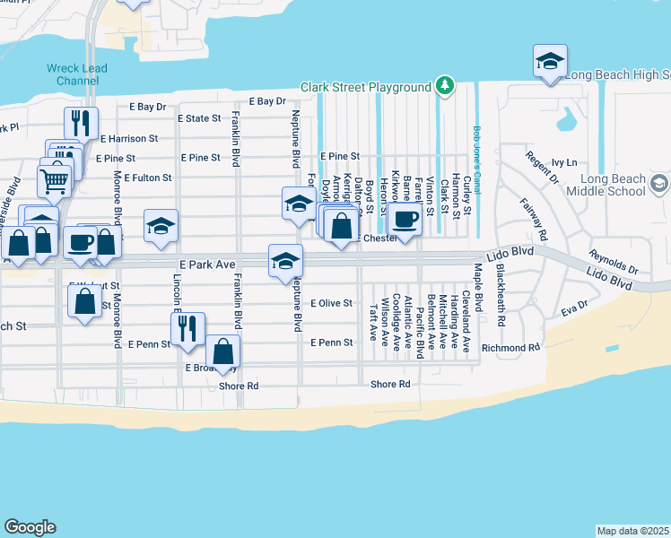 map of restaurants, bars, coffee shops, grocery stores, and more near 630 East Park Avenue in Long Beach