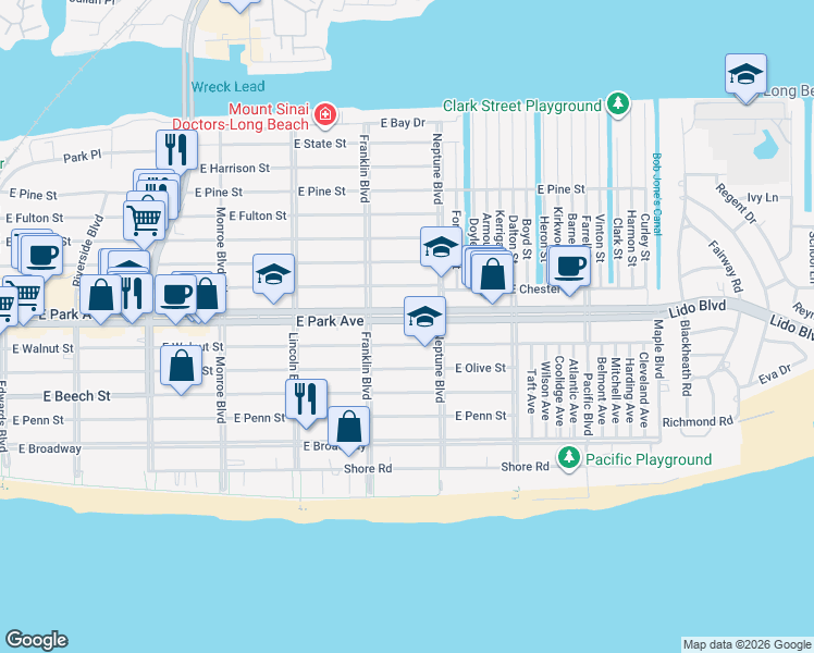map of restaurants, bars, coffee shops, grocery stores, and more near 530 East Park Avenue in Long Beach