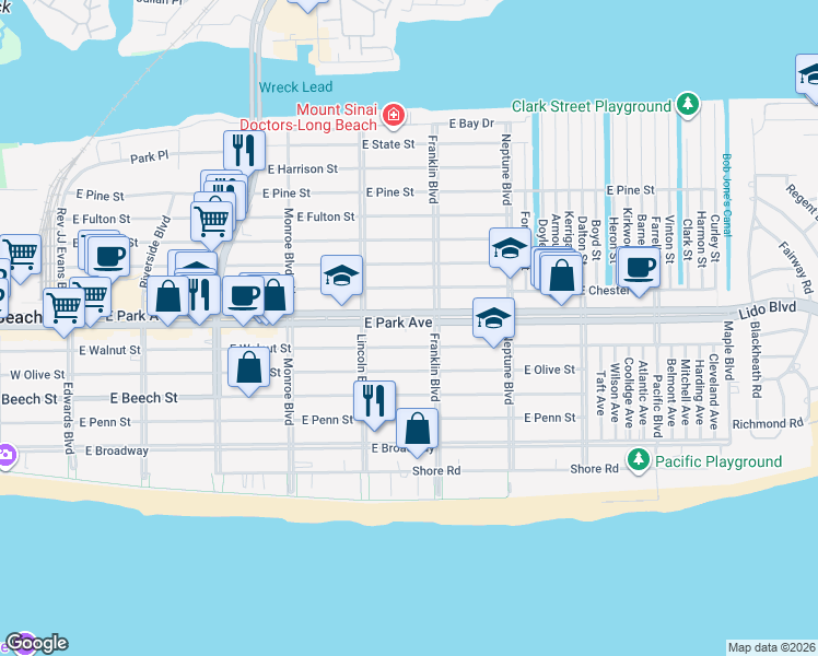 map of restaurants, bars, coffee shops, grocery stores, and more near 311 Franklin Boulevard in Long Beach