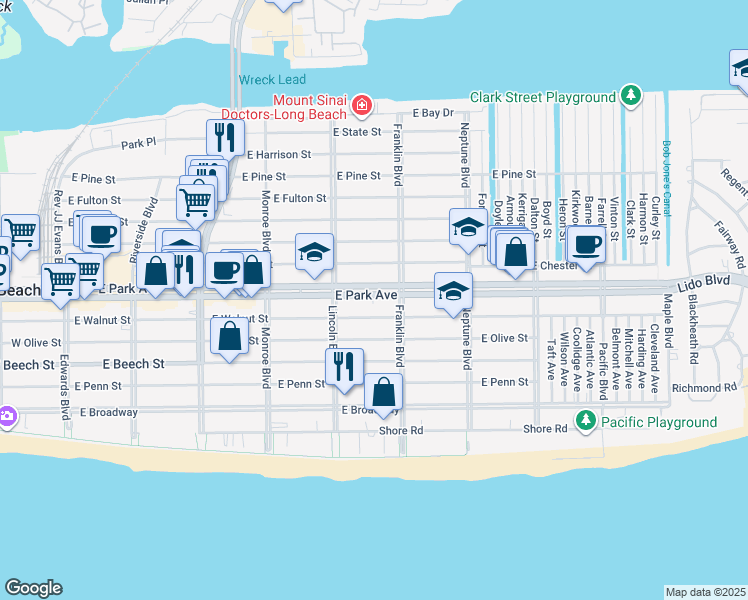map of restaurants, bars, coffee shops, grocery stores, and more near 430 East Park Avenue in Long Beach