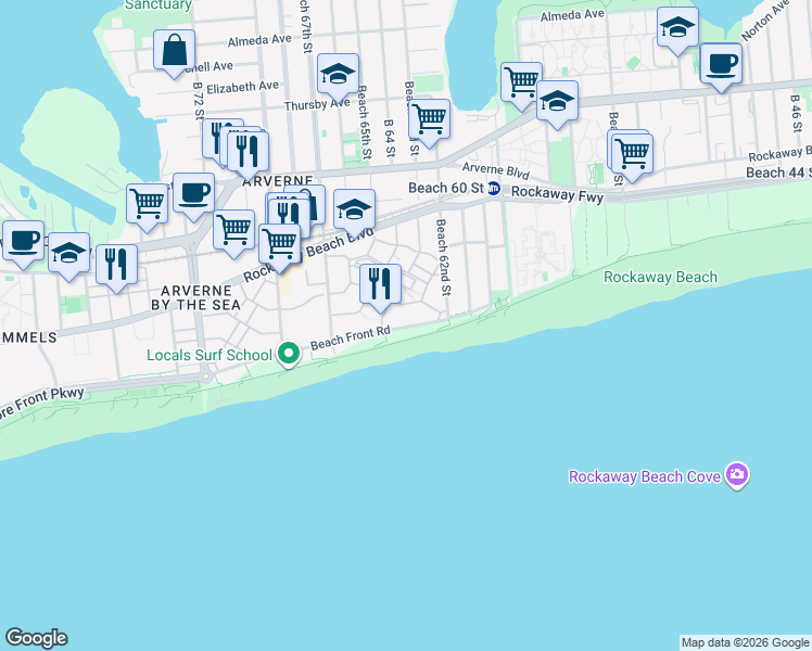 map of restaurants, bars, coffee shops, grocery stores, and more near 6309 Ocean Avenue South in Queens