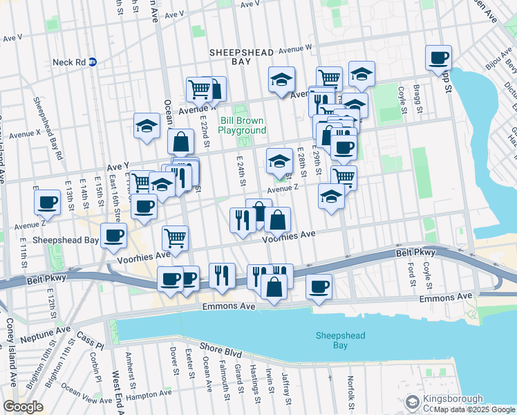 map of restaurants, bars, coffee shops, grocery stores, and more near 4635 Bedford Avenue in Brooklyn