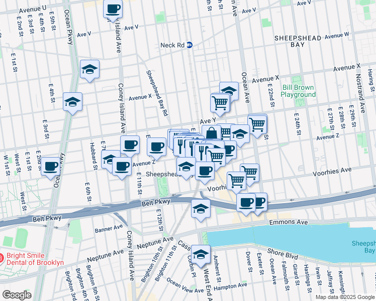 map of restaurants, bars, coffee shops, grocery stores, and more near 2572 East 15th Street in Brooklyn