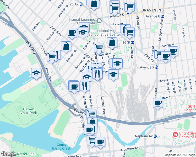map of restaurants, bars, coffee shops, grocery stores, and more near 2440 Stillwell Avenue in Brooklyn