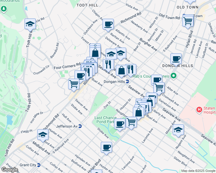 map of restaurants, bars, coffee shops, grocery stores, and more near 81 Buel Avenue in Staten Island