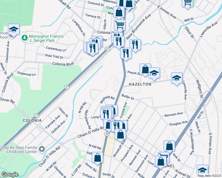 map of restaurants, bars, coffee shops, grocery stores, and more near 3 Ronald Drive in Woodbridge Township