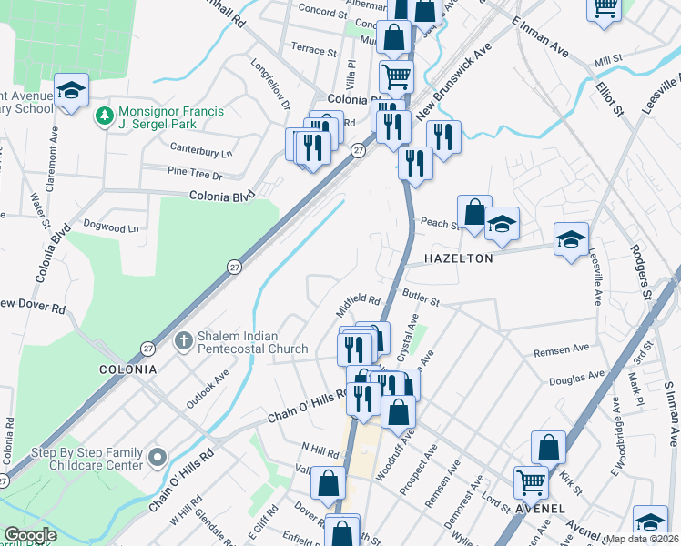 map of restaurants, bars, coffee shops, grocery stores, and more near 265 McFarlane Road in Woodbridge Township