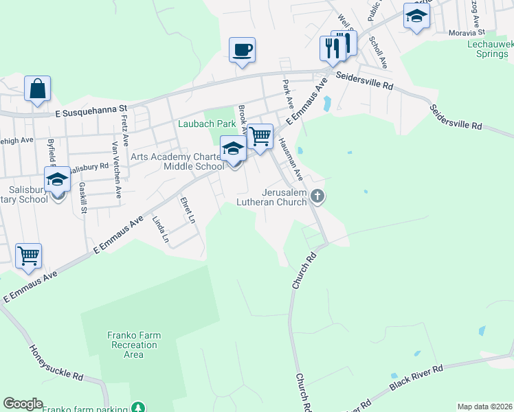 map of restaurants, bars, coffee shops, grocery stores, and more near 1610 Bobalew Trail in Allentown