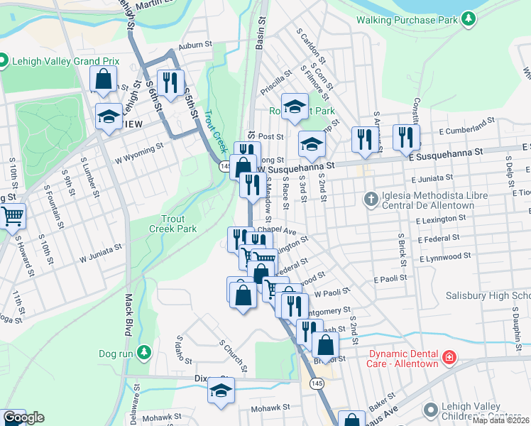 map of restaurants, bars, coffee shops, grocery stores, and more near 1320 South Meadow Street in Allentown