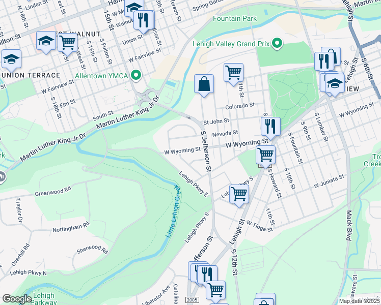 map of restaurants, bars, coffee shops, grocery stores, and more near 1244 West Wyoming Street in Allentown