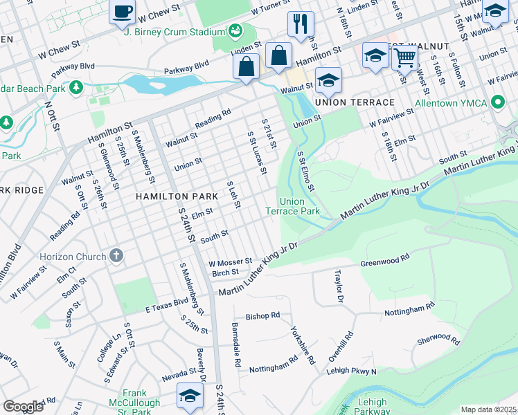 map of restaurants, bars, coffee shops, grocery stores, and more near 420 Cedar Creek Boulevard in Allentown