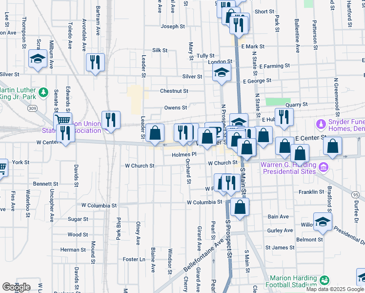 map of restaurants, bars, coffee shops, grocery stores, and more near 127 Canby Ct in Marion