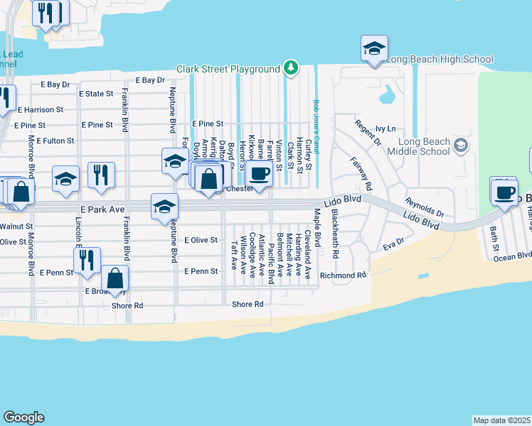 map of restaurants, bars, coffee shops, grocery stores, and more near 321 Pacific Boulevard in Long Beach