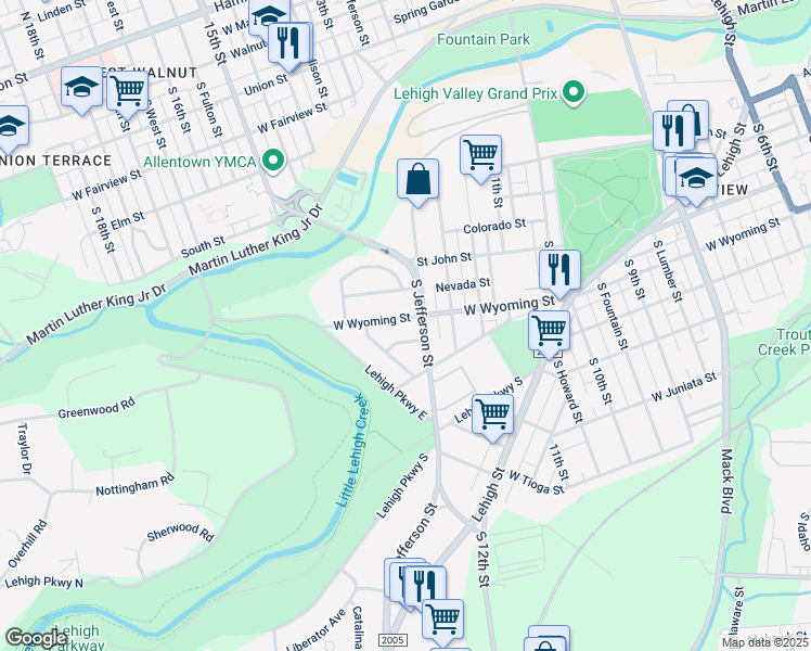 map of restaurants, bars, coffee shops, grocery stores, and more near 1244 W Wyoming St in Allentown