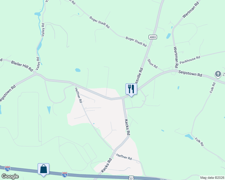 map of restaurants, bars, coffee shops, grocery stores, and more near 9297 Claussville Road in Fogelsville